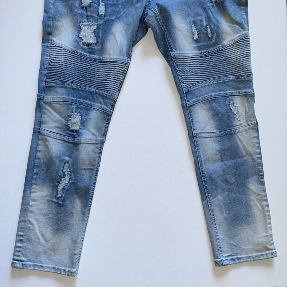 MAKOBI Prado Biker Jeans Light Wash Distressed Moto Rip & Repair Slim Fit 42x32